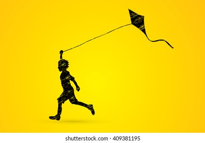 Little boy running with kite designed using grunge brush graphic vector.