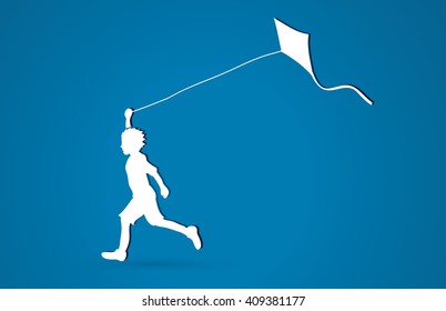 Little Boy Running With Kite Graphic Vector.