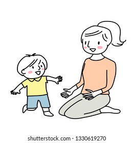 Little Boy Running To Mom Who Sitting And Waiting With Open Arms. Little Child Running To Mother. Cute Little Son Running To Hug His Mom. Little Kid Running Toward His Mother. Doodle Vector.