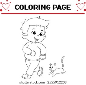 little boy is running with little orange cat coloring page for kids