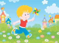 Little Boy Running And Playing With His Toy Whirligig Among Flowers On Green Grass Against A Background Of Colorful Houses Of A Small Town On A Sunny Summer Day, Vector Illustration In A Cartoon Style