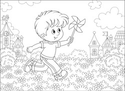 Little Boy Running And Playing With His Toy Whirligig Among Flowers Against A Background Of Houses Of A Small Town On A Sunny Summer Day, Vector Illustration In A Cartoon Style