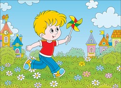 Little Boy Running And Playing With His Toy Whirligig Among Flowers On Green Grass Against A Background Of Colorful Houses Of A Small Town On A Sunny Summer Day, Vector Cartoon Illustration