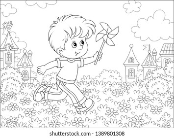 Little boy running and playing with his toy whirligig among flowers against a background of houses of a small town on a sunny summer day, vector illustration in a cartoon style