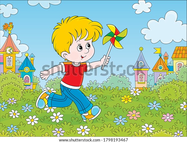 Little Boy Running Playing His Toy Stock Vector (Royalty Free ...