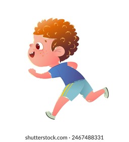 Little boy running or playing outdoor, kids character design. Happy cute child run, playful children cartoon. Hand drawn vector illustration in watercolor style.