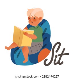 Little Boy Running Sitting in Armchair as Verb Expressing Action for Kids Education Vector Illustration