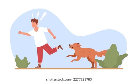 Little boy runs away from vicious and aggressive dog. Afraid child in dangerous situation. Terrified kid running, homeless animal attacking. Cartoon flat isolated illustration. Vector concept