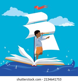 Little boy sailing on a book ship in the sea with letters, EPS 8 vector illustration