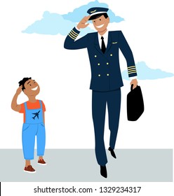 Little boy salutes to a pilot in uniform, EPS 8 vector