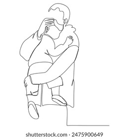 Little boy sat on father's shoulder continuous line drawing vector happy father and son line art