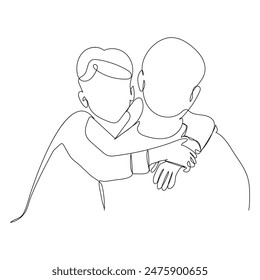 Little boy sat on father's shoulder continuous line drawing vector happy father and son line art