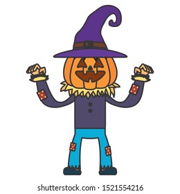 little boy with scarecrow pumpkin costume character vector illustration design