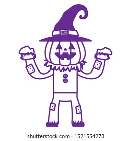 little boy with scarecrow pumpkin costume character vector illustration design