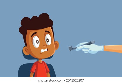 Little Boy Scared Of The Dentist Vector Cartoon Illustration. Frightened Anxious Child Panicking In Dental Cabinet After Seeing A Drill Instrument 
