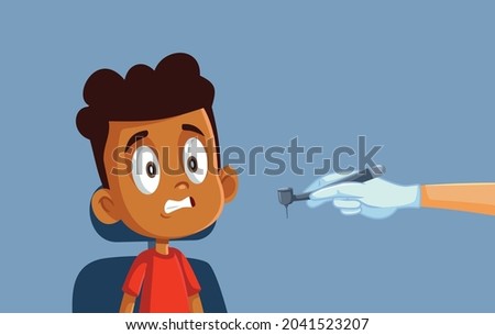 Little Boy Scared of the Dentist Vector Cartoon Illustration. Frightened anxious child panicking in dental cabinet after seeing a drill instrument 
