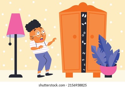 Little boy scared of the monsters in the closet flat style, vector illustration. Child fear concept, room interior, many eyes peeking out of open wardrobe, frightened kid