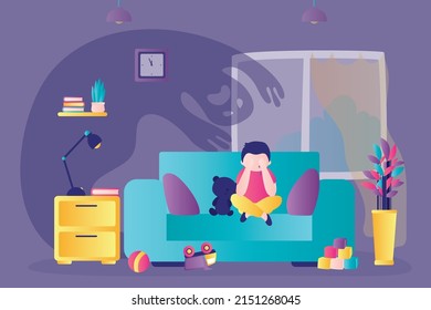 Little boy was scared to tears by ghost. Frightened child sits alone at night in living room. Kids nightmares, childhood fears. Male character afraid of shadow in dark. Flat vector illustration