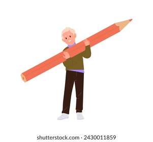 Little boy school child cartoon character holding giant red pencil stationery for studying
