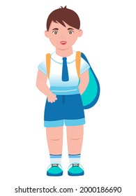 A little boy in a school uniform and with a backpack in full growth. Vector. Cartoon style.