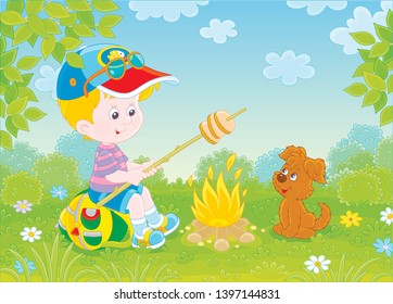 Little boy scout roasting bread on campfire on a green glade of a forest on a sunny summer day, vector illustration in a cartoon style