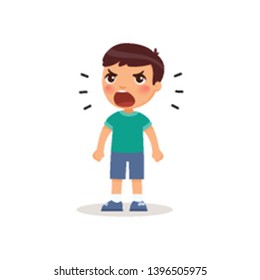Little boy screams out loud, clenching his hands into fists. Angry male child standing cartoon character. Сhild shows bad behavior. Disorder of the child's psyche. Flat vector illustration