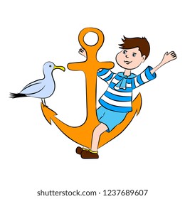 Little boy and a seagull sitting on an anchor