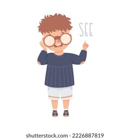 Little Boy Seeing Something in Binoculars Demonstrating Vocabulary and Verb Studying Vector Illustration