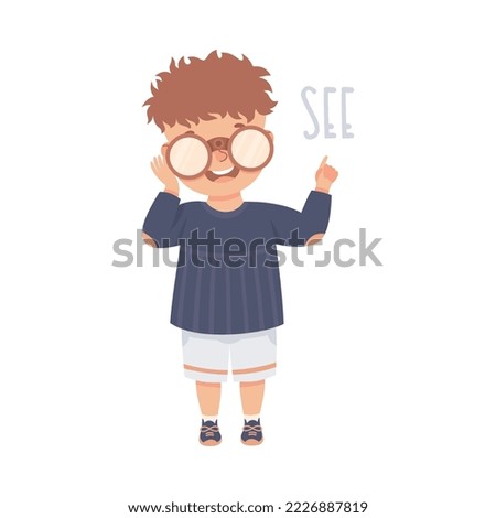 Little Boy Seeing Something in Binoculars Demonstrating Vocabulary and Verb Studying Vector Illustration