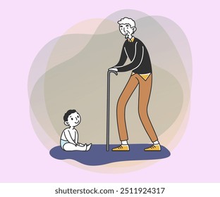 Niño pequeño y hombre mayor con Ilustración vectorial plana de bastón. Personajes masculinos en edades de bebé y persona mayor. Abuelo y nieto. Generación, concepto de familia