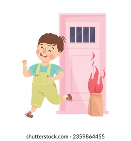 Little Boy Setting Fire to Paper Package Run Away Having Bad Behavior Vector Illustration