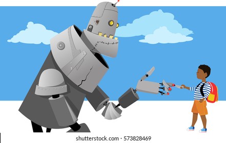 Little boy shaking hands with a giant robot, EPS 8 vector illustration