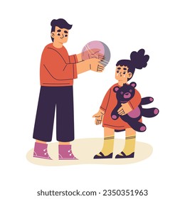 Little Boy Share Ball with Crying Girl Supporting and Comforting Sad Friend Vector Illustration