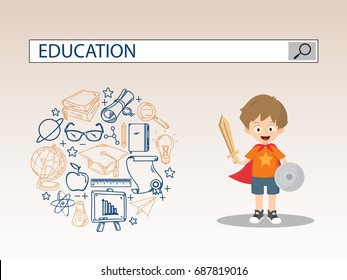 A little boy with shield sword and education search engine bar illustration. vector