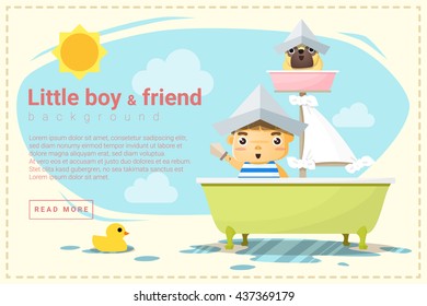 Little boy ship captain and friend background , vector, illustration