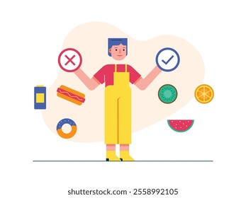 Little boy showing healthy food and not, fruit say yes junk food say no. Character design. Vector flat illustration