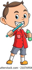 The little boy is showing how to brush the teeth of illustration