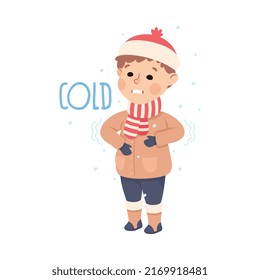 Little Boy Showing Sense of Cold Shivering in Cold Winter Weather Vector Illustration