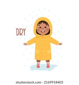 Little Boy Showing Sense Standing Dry in Raincoat and Boots in Wet Weather Vector Illustration