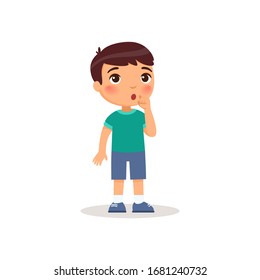 Little boy showing silence gesture flat vector illustration. Child standing, thinking cartoon character. Kid with confused face expression considering. Quiet sign isolated on white background