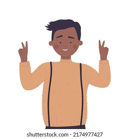 Little boy showing victory sign. Funny kid with hands gestures vector illustration