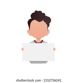 Little boy shows an empty banner. Isolated. Cartoon style. Vector illustration