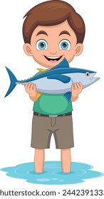 Little boy shows that he got a big fish in the river cartoon