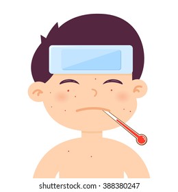 Little Boy Sick With High Fever And Small Pox, Vector Illustration