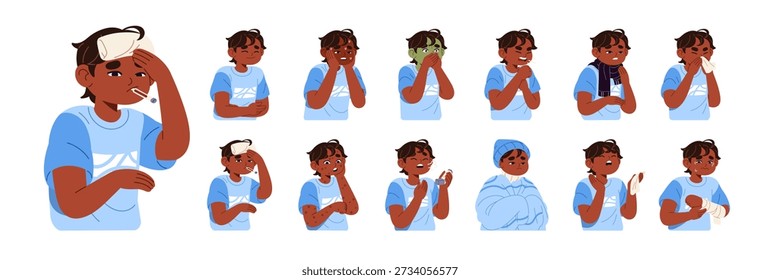 El niñito está enfermo. El niño enfermo se siente mal, tose, estornuda y vomita. El niño tiene resfriado y fiebre, síntomas de gripe, influenza, enfermedad, varicela. Ilustraciones vectoriales aisladas planas sobre fondo blanco