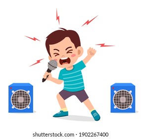 little boy sing a song on stage and screaming