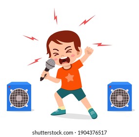 little boy sing a song on stage and screaming