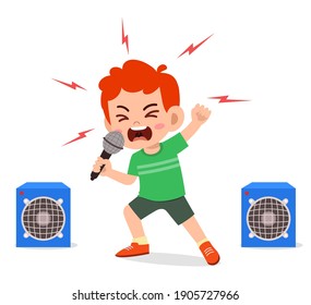 little boy sing a song on stage and screaming