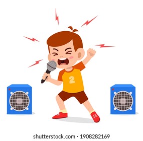 little boy sing a song on stage and screaming