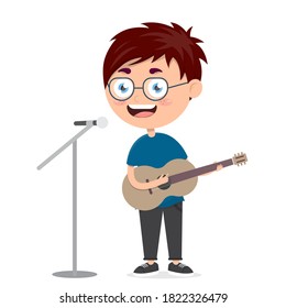 little boy singing and playing guitar, music performance by kid, cartoon vector illustration